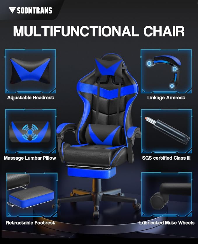 Soontrans Gaming Chair with Footrest,Computer Office Chair, Ergonomic Gamer Chair with Height Adjustment,Headrest and Lumbar Support Gamer Chair(Storm Blue) - Image 3