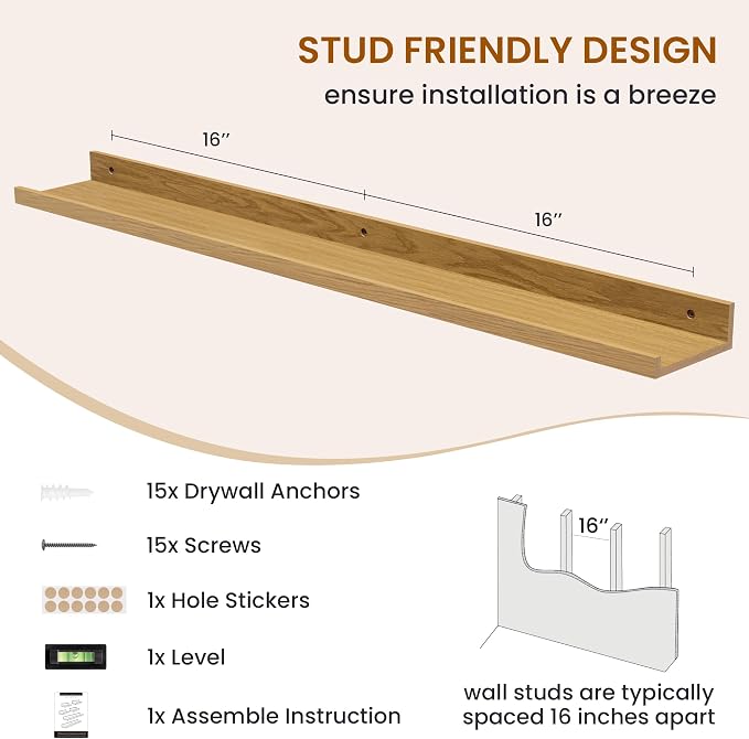 Picture Ledge Shelf, Floating Shelves for Wall Decor, Oak, Set of 6, 36'' - Image 5