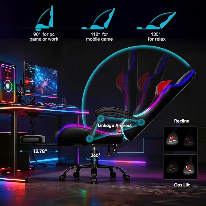 Czlolo Gaming Chair, RGB LED Lights Computer Chair with Footrest, Lumbar Support Massager Gamer Chair, High Back, 90-135° Reclining, Linkage Armrests, Crimson - Image 7