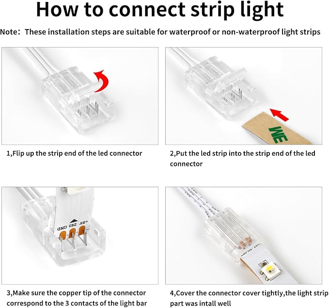 RGBZONE 3 Pin 10mm LED Connector Kit with 32.8ft 3 Pin Extension Cable and 10 Pcs 3 Pin LED Strip to Wire Connectors for 10mm IP20/IP65 SMD 5050 Dream Color LED Strip Light WS2811 WS2812B - Image 6