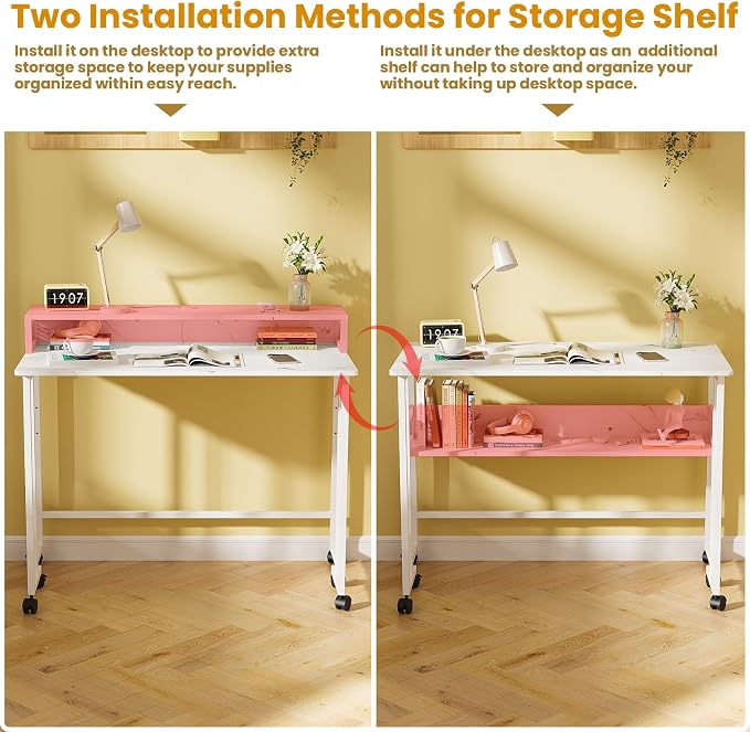 31.5" Folding Desk with Storage Shelf, Small Rolling Desk, White Marble - Image 5