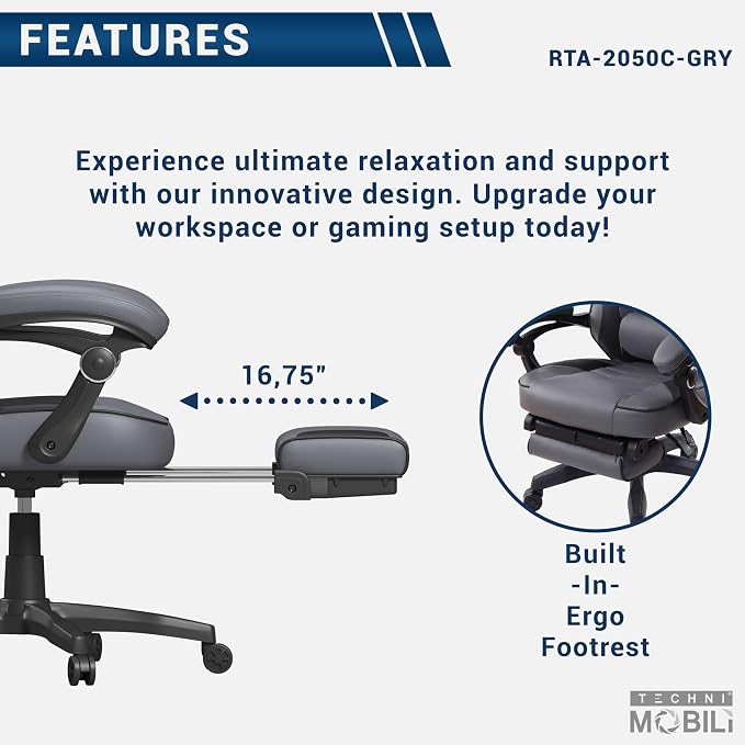 Techni Mobili Executive Gaming Chair with Footrest, 150° Reclining, Grey | PU leather chair, 150 degree recline, footrest, lumbar support, headrest pillow, executive office gaming chair, ergonomic - Image 6