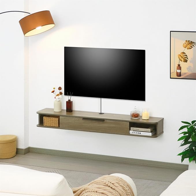 Floating TV Stand, 55" Wall Mounted TV Cabinet, Wood Media Console for TVs up to 65", Entertainment Center with Storage for Living Room, Under TVs Shelf for DVD Player, Wood Grain Grey - Image 5