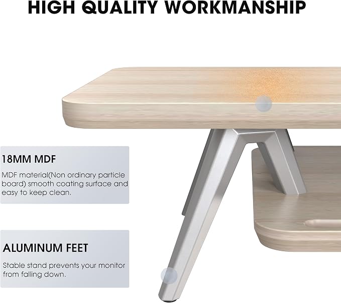 Fenge Dual Monitor Stand Riser, Wooden Desk Shelf with 2-Tier Storage | 47.2-Inch Extra Wide, Sturdy Aluminum Legs, Built-In Phone & Tablet Slot, Desktop Organizer for Office Accessories - Image 7