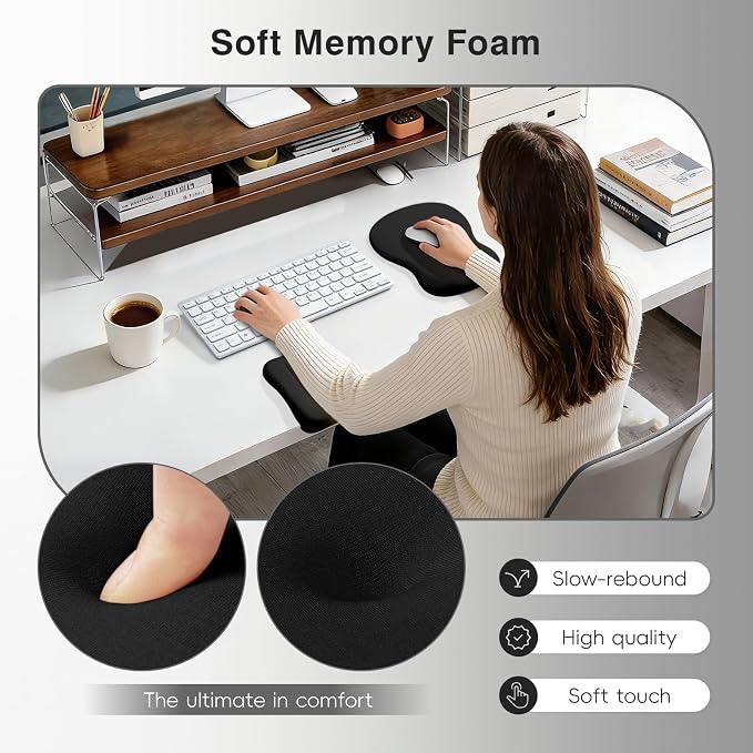 Ospelelf Mouse Pad with Wrist Rest Set Foam L-Shaped Desk Elbow Pad Ergonomic Desk Edge Cushion Anti-Slip Rubber Bottom Office Women Desk Accessories for Computer, Laptop and Gaming, Black - Image 4