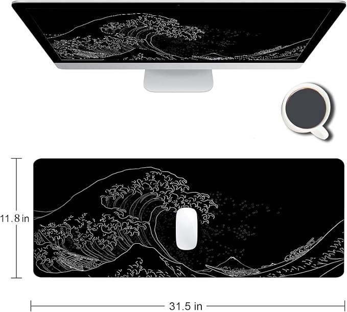 Gaming Mouse Pad, Large Mouse Pads for Desk, Non-Slip Rubber Base Mousepad, Keyboard Mouse Mat, Desk Pad with Stitched Edges, 31.5x11.8inch, The Great Wave Off Kanagawa - Image 2