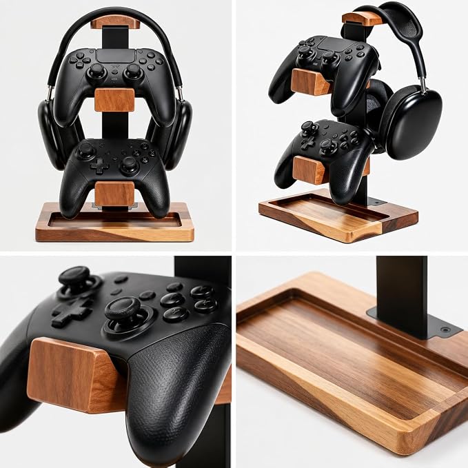 Acacia Wood Gaming Headset Stand & Dual Controller Holder, Solid Wood Desk Organizer Compatible with PS5, Xbox, Switch, Over-Ear Headphones, Gamer Gift for Men - Image 6