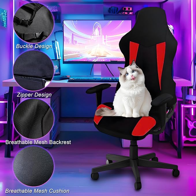 Gaming Chair Covers Only,Stretchable Fit Thick Breathable Mesh | Cat Scratch Proof,Scratch Resistant,Soft,Gaming Chair Seat Cover with 2Pcs Armrest Slipcovers(Black-red,Style 2) - Image 3