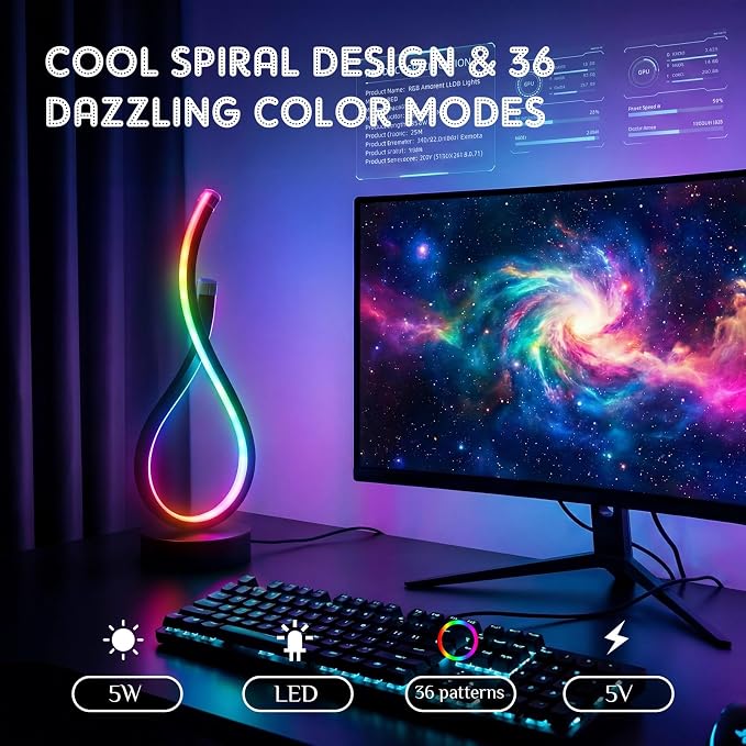VIHOSE Spiral Unique Desk Lamp RGB Modern Spiral LED Table Lamp Bedside Nightstand Remote Control Dimmable 8 Colors 36 Light Mode Cool Stepless Desk Lamps USB Gaming Living Room Bedroom Gift, Black - Image 4
