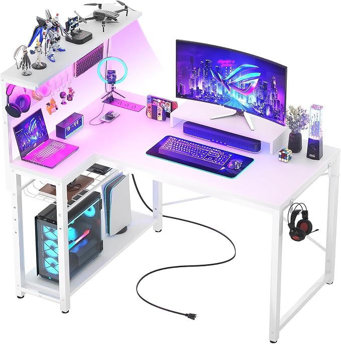 Homieasy Small Gaming Desk with Power Outlets Pegboard LED Light, 43 Inch L Shaped Computer Desk with Monitor Stand Storage Shelves, Reversible Corner Desk with Headset Hooks, White by Homieasy