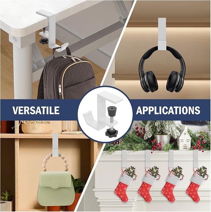 Clamp-On Under Desk Backpack Hanger, Clamp-On Under Desk Headphone Holder, Students' Desk Hook, with Adjustable Arm Clamp for Handbag and Purse Holder (White) - Image 4