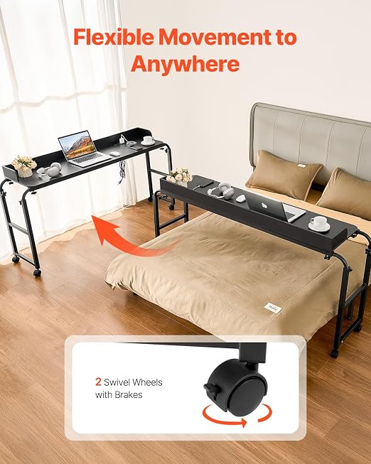 VEVOR Overbed Table, Mobile Bed Side Table with 4 Wheels (2 with Brakes) and Power Socket, Height Adjustable Rolling Laptop Desk, Portable Particleboard Over Bed Desk for Home, Office, Study, Black - Image 6