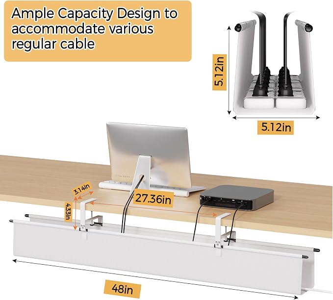 Under Desk Cable Management Tray, 48" Fabric Wire Cord Organizer, White - Image 4