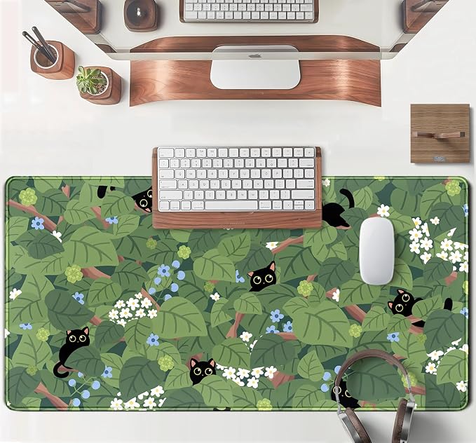 Kawaii Anime Aesthetic Black Cat Forest Plant Desk Mat, Green Sage XXL Large Extended Mouse Pad Gaming Cute Cats Desk pad, Laptop Keyboard and Mouse Mat for Women Desktop Office Decor 31.5x15.7 in - Image 4