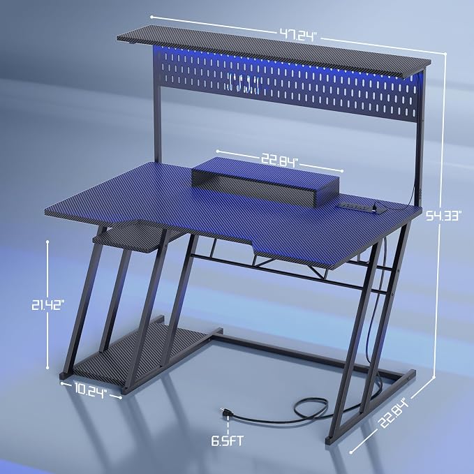 Armocity Gaming Computer Desk with Shelves and Outlets, Gaming Desk with Hutch and LED Lights, Reversible PC Gaming Desks with Pegboard, Carbon Fiber Black 47'' - Image 3