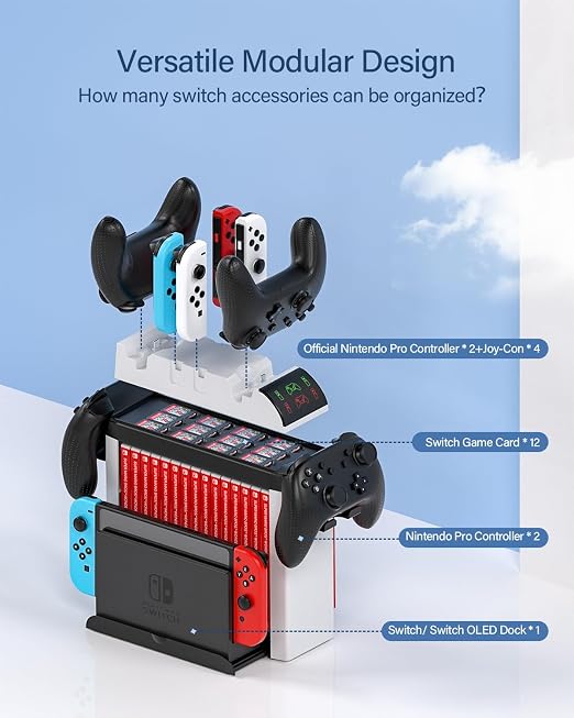 Switch Games Organizer Holder and Charging Dock for Nintendo Switch & Switch OLED Joy-Cons/Original Switch Pro Controller - Nargos Switch Storage Rack Stand Accessories kit - Image 2