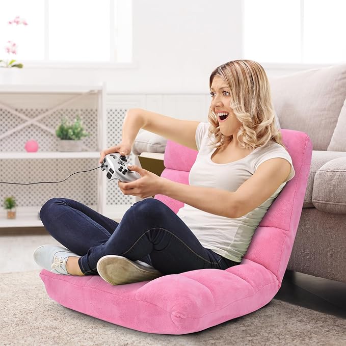 14-Position Floor Sofa, Folding Gaming Sofa Chair, Comfy Cushions & Study Steel Frame, Angle Adjustable Sleeper Bed, Couch Recliner (Pink) - Image 3