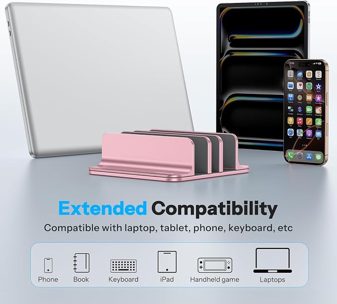 OMOTON 3-Slot Multiple Vertical Laptop Stand, Fits MacBook, Rosegold - Image 6
