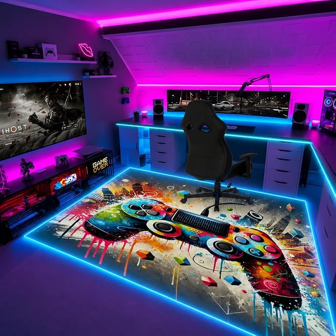Gaming Rug RGB LED Light (3x5 Waveburst Controller) - Bedroom Gamer Rug Floor Mat Gaming Decor - Kids Room Rug Anti Slip Mat for Gamer Chair – Play Game Room Décor for Teen, Boys, Kids - Image 7