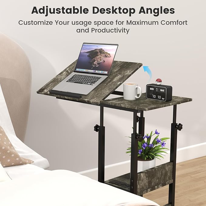 Hadulcet Adjustable C Table with Charging Station, Tiltable Desk C Shaped End Table for Couch, Over Bed Table with Wheels Adjustable Height, Laptop Stand Drawing Desk, Marble Grey - Image 8