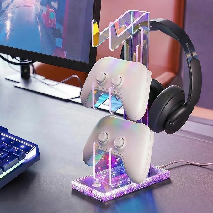 NiHome Controller Holder & Headphone Stand, LED Acrylic 3-Tier Gaming Desk | USB-Powered 7 Colors 3 Modes, Anti-Slip Headset Cable Management, Gamer Gift For PS5 Xbox - Image 6