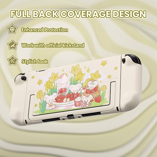 PlayVital Protective Case for Nintendo Switch 2 - Kawaii Dockable Hard Case Shell for Switch 2 with Thumb Grip & Sticker & Button Caps, Anti-Scratch, Shockproof Cover Skin - Creamy Mousie Picnic - Image 4