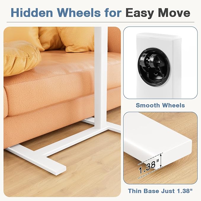 DUMOS Adjustable Bedside Overbed Table with Wheels, White - Image 6