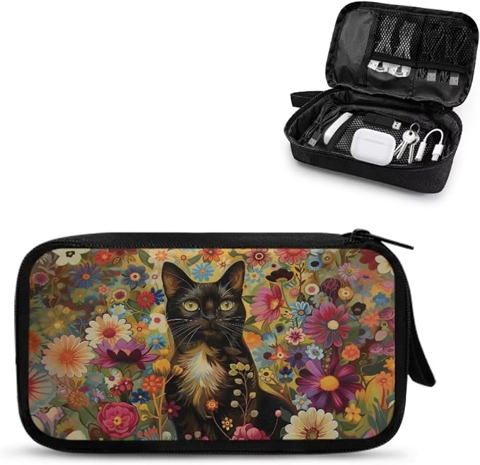 Black Cat Cable Organizer Bag Tech Pouch Portable Electronics Organizer Travel Case for Phone Power Bank SD Card Electronic Accessories Carry Case by Unknown