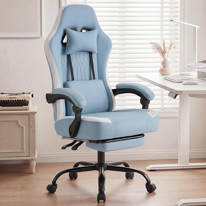 DUMOS Ergonomic Gaming Chair with Footrest, Video Game Chairs | Comfy Lumbar Support, Linkage Armrests, Tech Fabric, Pocket Spring Cushion, Office, Adults Students, Blue - Image 9