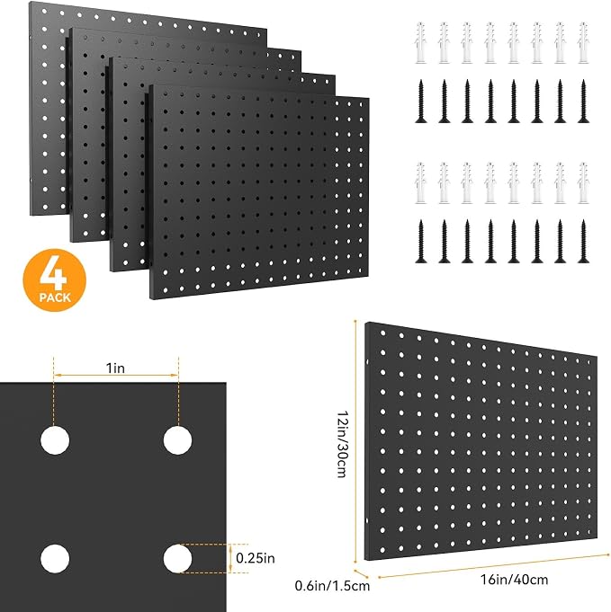 Black Peg Board Wall Organizer, Heavy Duty 4-Panel Pegboard, Each 16" X 12" Metal Peg Wall, Peg Board Garage Organization, Pegboards For Wall, Tool Storage, Office Organization, Craft Room - Image 5