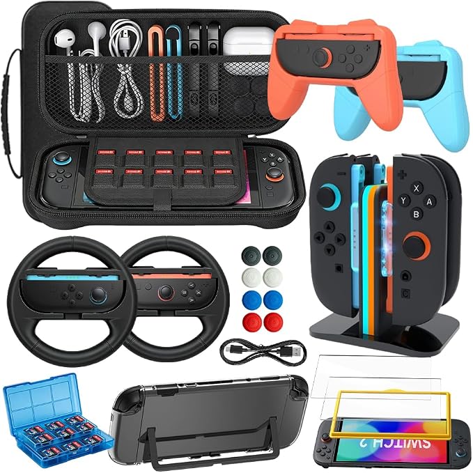 Accessories Bundle for Nintendo Switch 2, OUNFNOE 18-IN-1 Kits for Switch 2 Accessories, Carrying Case, Controller Charging Dock, Joy-Con Thumb Grips, Tempered Screen Protector, Steering Wheels for Mario Kart, Protective Console Cover by Unknown