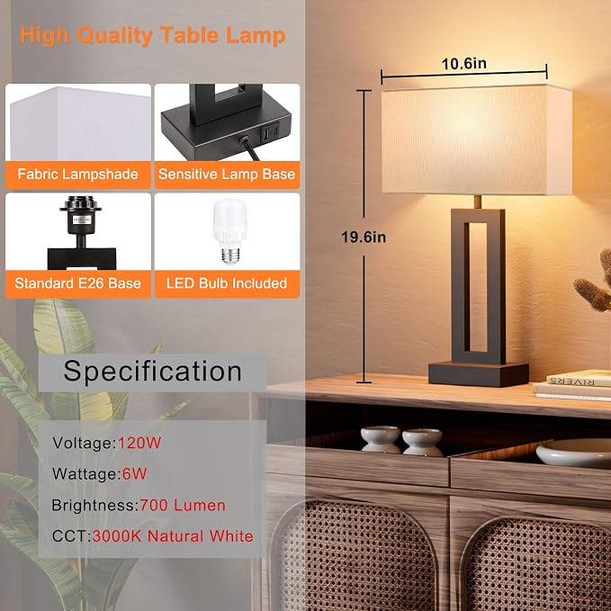 Nightstand Table Lamps for Bedrooms Set of 2 - Touch Bedside Lamp with USB C+A, 3 Way Dimmable Living Room Lamps for End Tables Set of 2, Modern Night Stand Lamps for Bed Side Guest Room(White) - Image 6