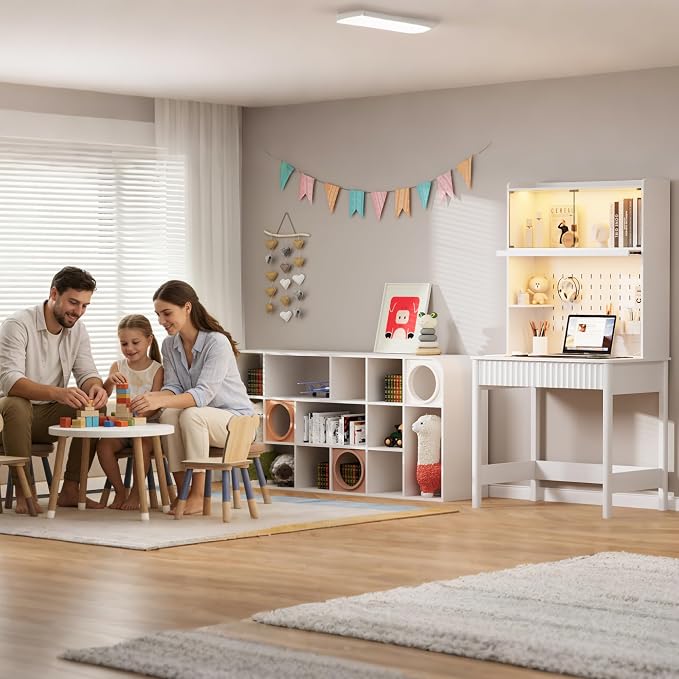 Lvifur 31.5" LEDStudy Desk with Drawer,Hutch,Reading Lights | Computer Desk with Charging Station,2 Drawer,Compact Writing Desks,Home Office Desks for Bedroom,White - Image 3
