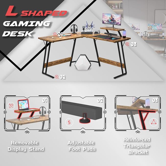 Homall L Shaped Gaming Desk Computer Corner Desk PC Gaming Desk Table with Large Monitor Riser Stand for Home Office Sturdy Writing Workstation (Classical Brown, 51 Inch) - Image 7
