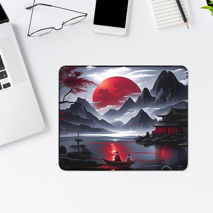 FreeNook Small Gaming Mouse Pad, Anime Black Mousepad with Stitched Edges, Expanded Cool Desk Mat, Japanese Red Moon Keyboard Mat Suitable for Home Office,10.2 X 8.3 Inch - Image 3