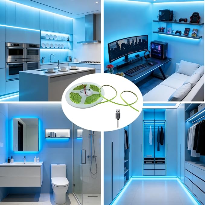 Ultra-Narrow 3mm USB COB LED Strip Lights Self-Adhesive, Kitchen Cabinets, Bedroom, Gaming Desk (Lcy Blue, 2ft) - Image 6