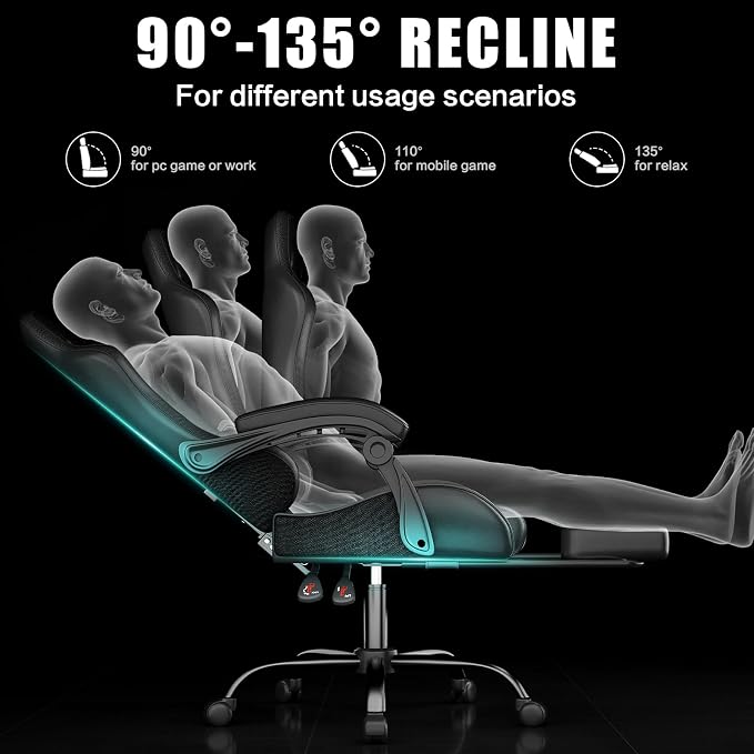 Czlolo Gaming Chair with Footrest Racing Style Lumbar Support Massager Video Game Chair with Metal Legs, High Back Gamer Chair with Headrest, 360° Swivel Office Computer Desk Chair (Black) - Image 8