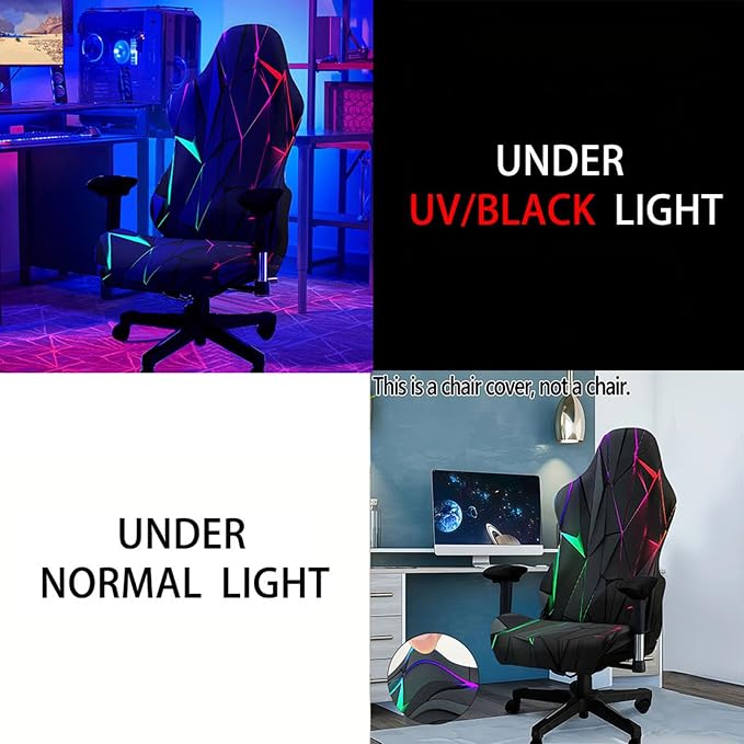 Blacklight Gaming Chair Cover – UV Reactive Neon Geometric Pattern Desk Chair Slipcover, Glow in the Dark Stretch Washable Chair Protector for Esports Chairs, Gamer Room Decor - Image 6