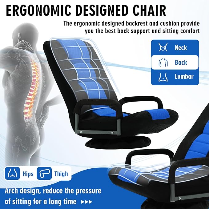 Swivel Floor Gaming Chair w/Armrests, Folding Video Reclining Sofa w/6 Adjustable Position, Padded Backrest & Cushion, Lazy Lounger Couch for E-Sports, Reading, Relaxing, Watching TV, Blue - Image 5
