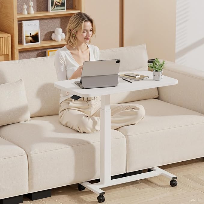 GTPLAYER Small Standing Desk with Lockable Wheels, Pneumatic Mobile Rolling Laptop Desk,Adjustable Height Overbed Bedside Table Computer Workstation for Home Office (28" W x 16" D, White) - Image 2