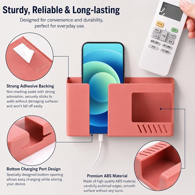 D3 Wall Mount Phone Holder, Punch-Free Wall-Mounted Mobile Phones Charging to Stand, Sticky Remote Control Storage Box Bedside Lazy Mobile Phone Rack, Multipurpose Storage Box (2 Pack-R) - Image 3