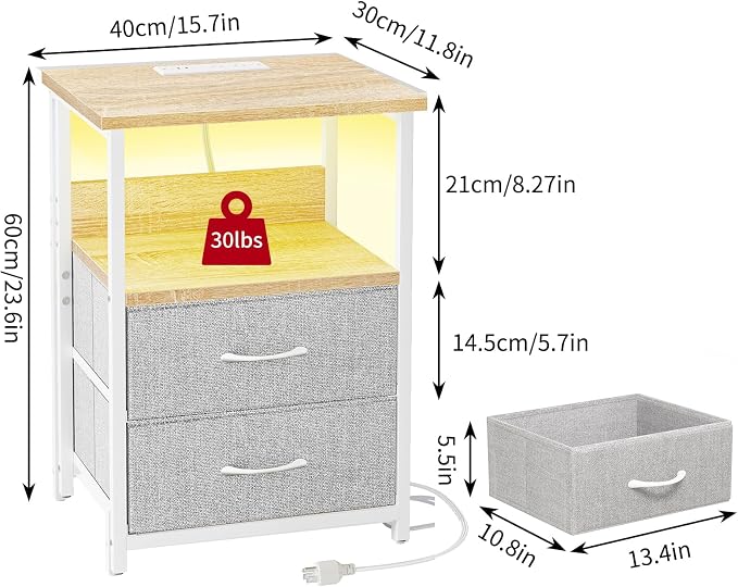 Fixwal Night Stand with Charging Station, Led Nightstand, 2 Fabric Drawers - Image 2
