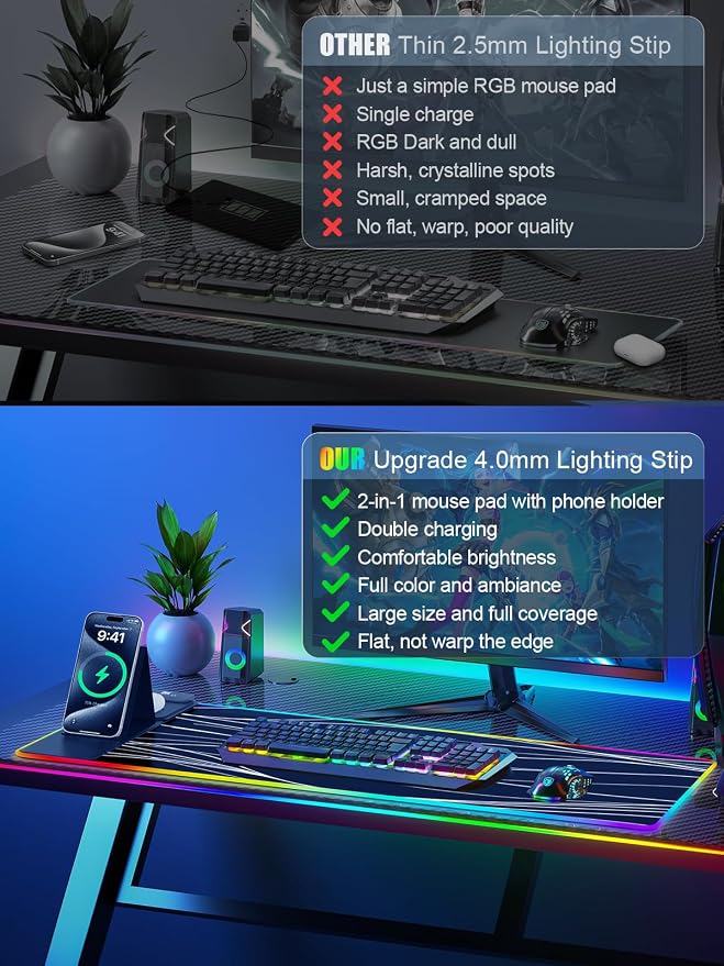 XXL Mouse Pad with Phone Holder - Black, RGB Desk Mat with 15W Fast Charging, LED Gaming Mousepad with 11 Light Colors, Waterproof Non-Slip Pad for Office & Home (Wave) - Image 6