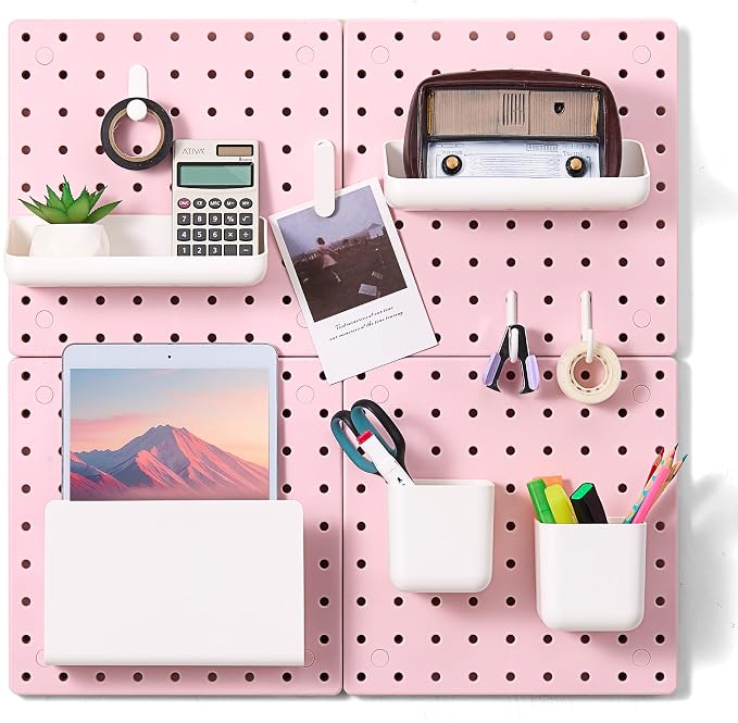 VUSIGN Peg Board Combination Kit 22"x22" Pegboards, Pink | Pegboards and Accessories, Two Installation Modes, Pegboard Organizer Kit 4 Panels & Accessories for Wall by VUSIGN