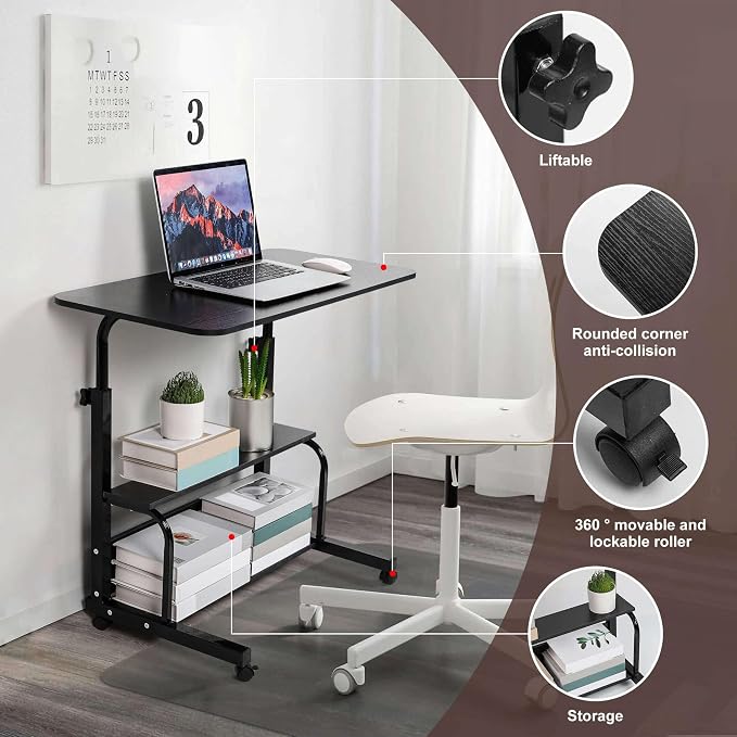 Adjustable Height Mobile Computer Desk with Wheels Black 31.5X15.7 Inches - Image 4
