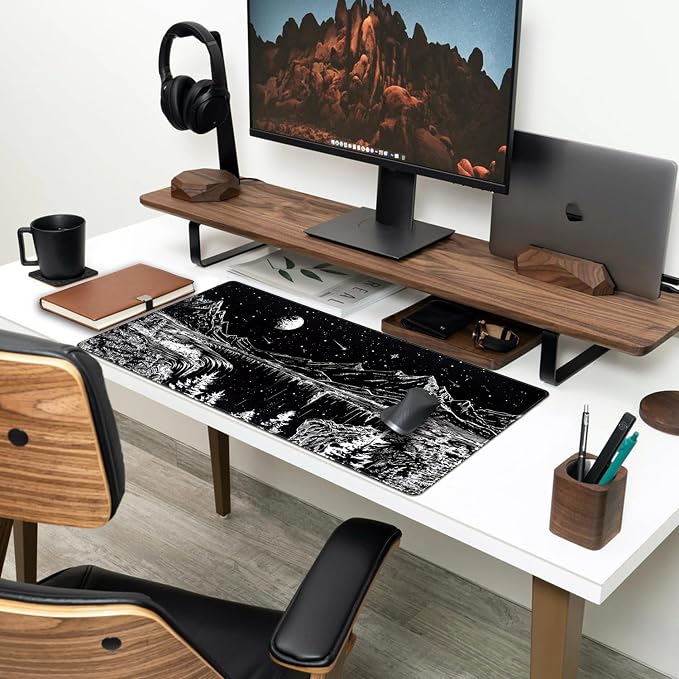 Black and White Desk Mat Dark Nature Forest Mouse pad XXL Starry Night Mountain Desk pad Aesthetic Moon and Stars Mousepad XXL for Laptop Computer Mouse Gaming Keyboard Mat, 31.5 X 15.8 in - Image 3