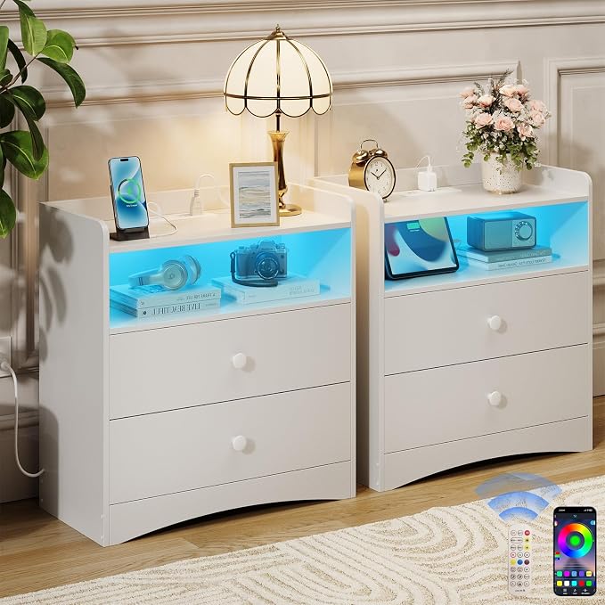 Memobarco 2 Pack Nightstand with Charging Station and LED Light, Modern Nightstand with USB Ports and Outlets, Wood Bedside Table with 2 Storage Drawers, Small Dresser for Bedroom Small Space, White by MEMOBARCO