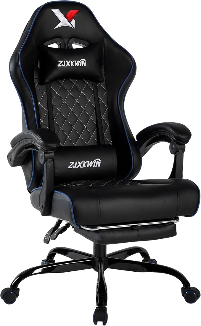 Gaming Chair with Pocket Spring Cushion, Ergonomic High Back Computer Chair with Footrest and Lumbar Support, Adjustable Height 360° Swivel Recliner, Blue by Unknown