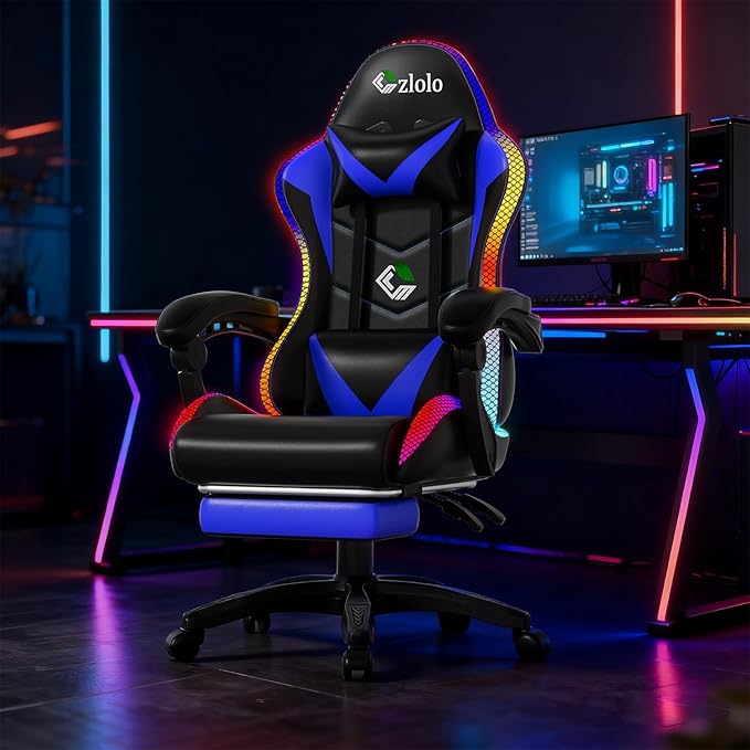 Czlolo Gaming Chair, Racing Style RGB LED Lights Gaming Chairs for Adults and Kids, Lumbar Massager Gamer Chair, High Back Reclining Computer Chair with Footrest and Headrest (Black/Blue) - Image 2