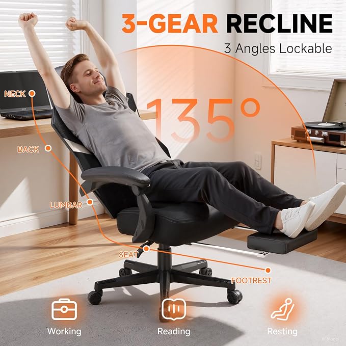 GTPLAYER Computer Chair with Adjustable Footrest, Ergonomic Gaming Chair with Headrest and Lumbar Support, Breathable Mesh Office Chair for Adults, High Back Reclining Desk Chair for Gaming and Office - Image 3